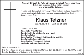 Traueranzeige von Klaus Tetzner von Super Sonntag Zeitz