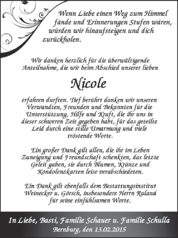 Traueranzeige von Nicole  von Super Sonntag Bernburg