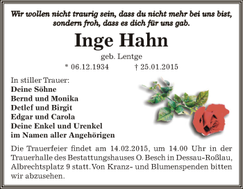 Traueranzeige von Inge Hahn von WVG - Wochenspiegel Dessau / Köthen