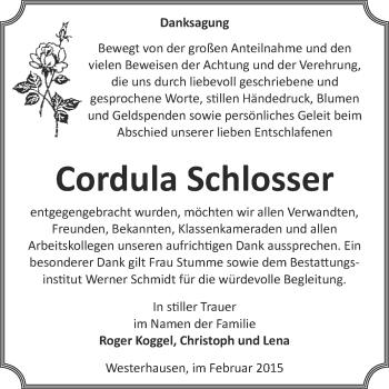 Traueranzeige von Cordula Schlosser von WVG - Wochenspiegel Quedlinburg