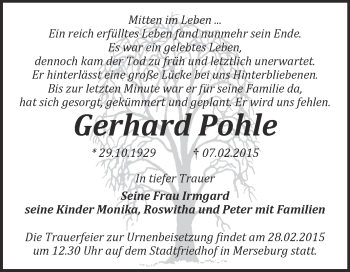 Traueranzeige von Gerhard Pohle von WVG - Wochenspiegel Merseburg