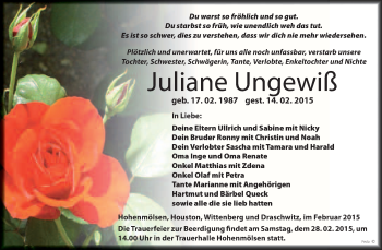 Traueranzeige von Juliane Ungewiß von WVG - Wochenspiegel NMB / WSF / ZTZ