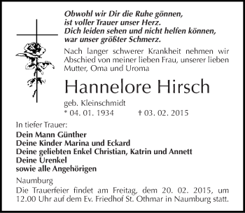 Traueranzeige von Hannelore Hirsch von Mitteldeutsche Zeitung Naumburg/Nebra