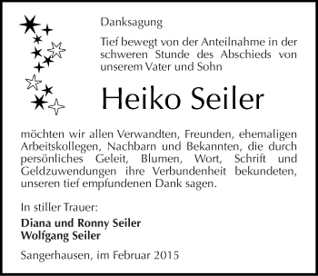 Traueranzeige von Heiko Seiler von Mitteldeutsche Zeitung Sangerhausen