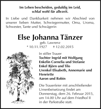 Traueranzeige von Else Johanna Tänzer von Mitteldeutsche Zeitung Bernburg