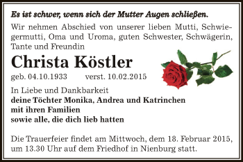 Traueranzeige von Christa Köstler von Super Sonntag Bernburg
