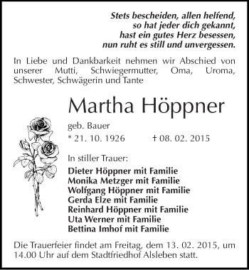 Traueranzeige von Martha Höppner von Mitteldeutsche Zeitung Bernburg
