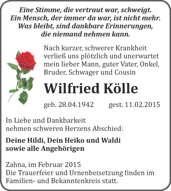 Traueranzeige von Wilfried Kölle von Super Sonntag Wittenberg