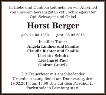 Traueranzeige von Horst Berger von Super Sonntag Bernburg