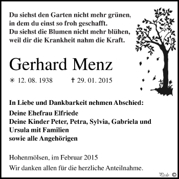 Traueranzeige von Gerhard Menz von WVG - Wochenspiegel NMB / WSF / ZTZ