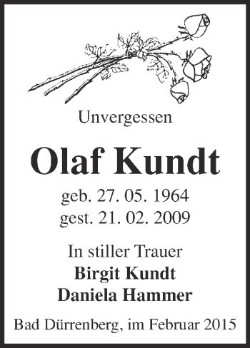 Traueranzeige von Olaf Kundt von Super Sonntag Merseburg