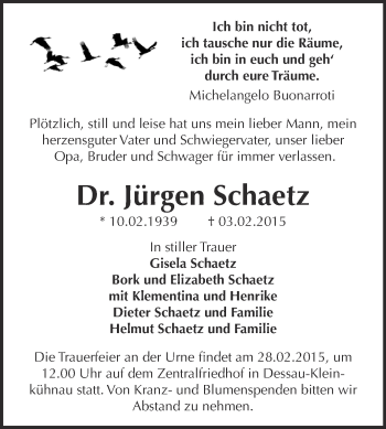 Traueranzeige von Jürgen Schaetz von WVG - Wochenspiegel Dessau / Köthen