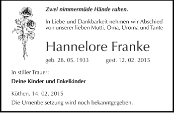 Traueranzeige von Hannelore Franke von Mitteldeutsche Zeitung Köthen