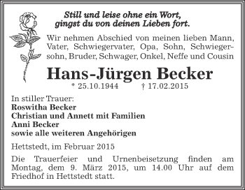 Traueranzeige von Hans-Jürgen Becker von Wochenspiegel Mansfelder Land