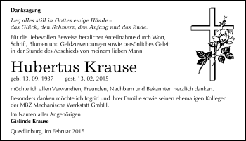 Traueranzeige von Hubemus Krause von Mitteldeutsche Zeitung Quedlinburg