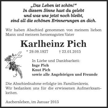 Traueranzeige von Karlheinz Pich von Super Sonntag Aschersleben
