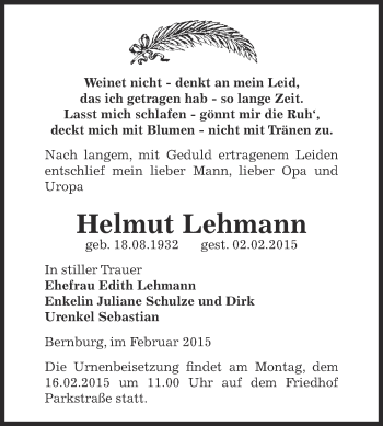Traueranzeige von Helmut Lehmann von Super Sonntag Bernburg