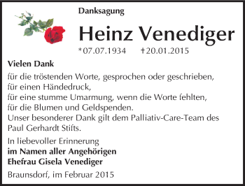 Traueranzeige von Heinz Venediger von Mitteldeutsche Zeitung Wittenberg
