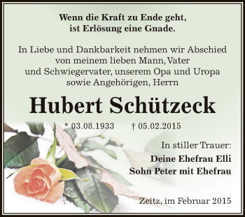 Traueranzeige von Hubert Schützeck von Super Sonntag Zeitz