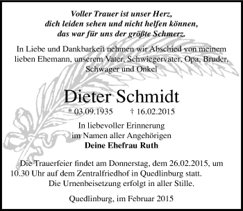 Traueranzeige von Dieter Schmidt von Mitteldeutsche Zeitung Quedlinburg