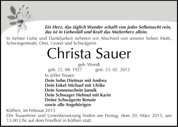 Traueranzeige von Christa Sauer von Mitteldeutsche Zeitung Köthen