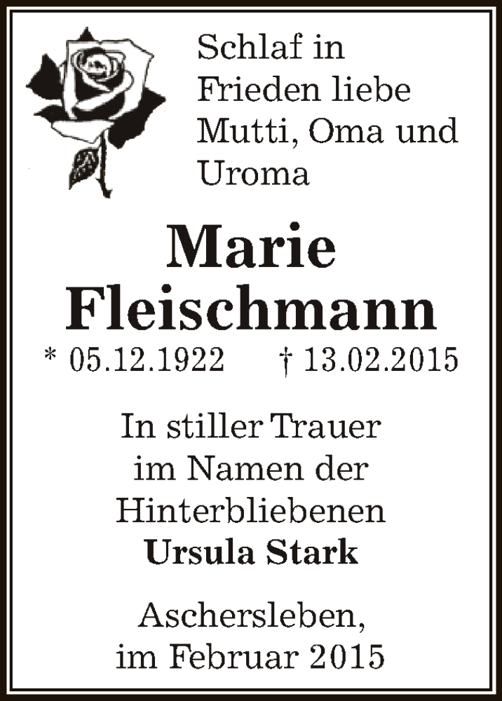  Traueranzeige für Marie Fleischmann vom 25.02.2015 aus Super Sonntag Aschersleben