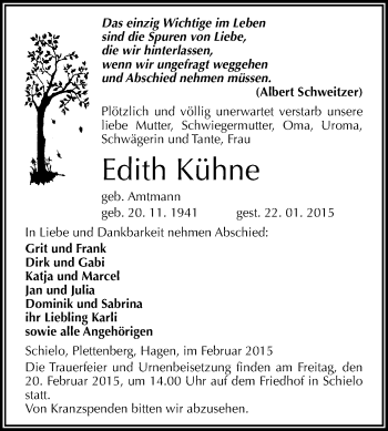 Traueranzeige von Edith Kühne von WVG - Wochenspiegel Quedlinburg