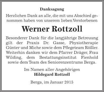 Traueranzeige von Werner Rottzoll von Super Sonntag SGH Mansf. Land
