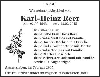 Traueranzeige von Karl-Heinz Reer von Super Sonntag Aschersleben