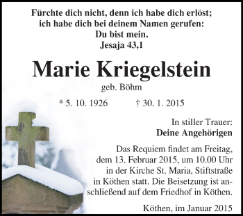 Traueranzeige von Marie Kriegelstein von WVG - Wochenspiegel Dessau / Köthen