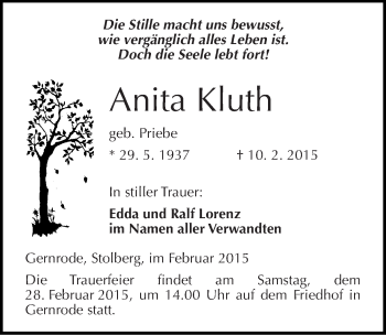 Traueranzeige von Anita Kluth von Mitteldeutsche Zeitung Quedlinburg