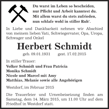 Traueranzeige von Herbert Schmidt von Super Sonntag Aschersleben