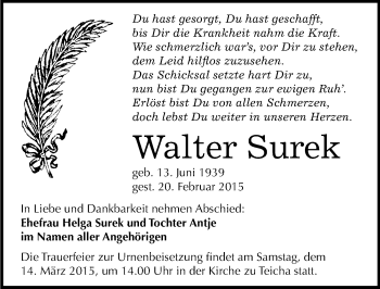 Traueranzeige von Walter Surek von Mitteldeutsche Zeitung Halle/Saalkreis