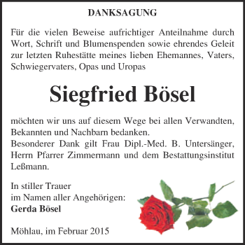 Traueranzeige von Siegfried Bösel von WVG - Wochenspiegel Wittenberg