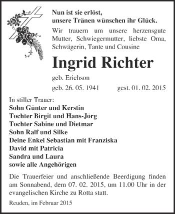 Traueranzeige von Ingrid Richter von WVG - Wochenspiegel Wittenberg