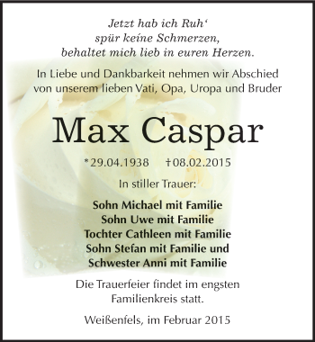 Traueranzeige von Max Caspar von Mitteldeutsche Zeitung Weißenfels