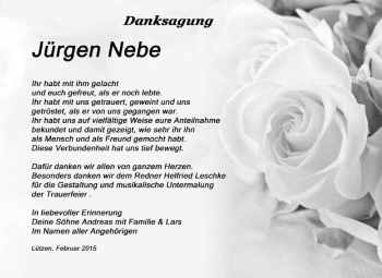 Traueranzeige von Jürgen Nebe von WVG - Wochenspiegel NMB / WSF / ZTZ