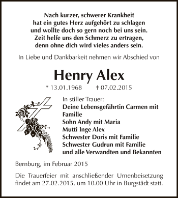 Traueranzeige von Henry Alex von Super Sonntag Bernburg