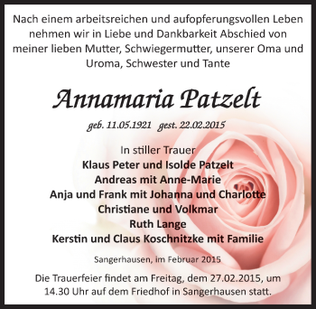 Traueranzeige von Annamaria Patzelt von Mitteldeutsche Zeitung Sangerhausen