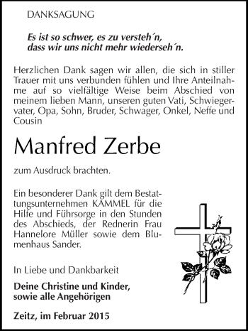 Traueranzeige von Manfred Zerbe von Super Sonntag Zeitz
