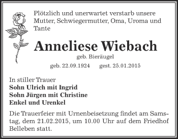 Traueranzeige von Anneliese Wiebach von Super Sonntag Bernburg