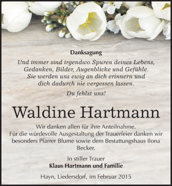 Traueranzeige von Waldine Hartmann von Mitteldeutsche Zeitung Sangerhausen
