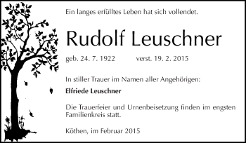Traueranzeige von Rudolf Leuschner von WVG - Wochenspiegel Dessau / Köthen