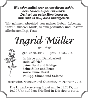 Traueranzeige von Ingrid Müller von Super Sonntag Zeitz