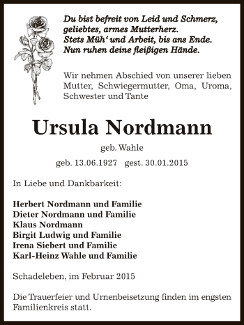 Traueranzeige von Ursula Nordmann von Super Sonntag Aschersleben