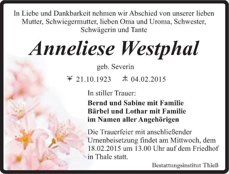  Traueranzeige für Anneliese Westphal vom 07.02.2015 aus Mitteldeutsche Zeitung Quedlinburg