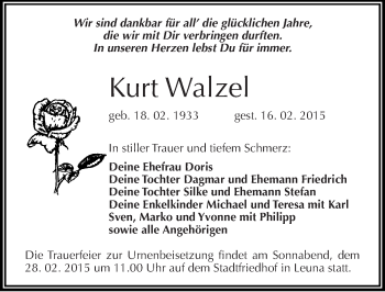 Traueranzeige von Kurt Walzel von Mitteldeutsche Zeitung Merseburg/Querfurt