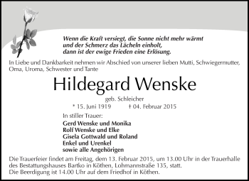 Traueranzeige von Hildegard Wenske von WVG - Wochenspiegel Dessau / Köthen