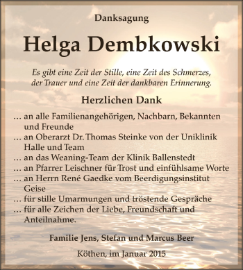 Traueranzeige von Helga Dembkowski von WVG - Wochenspiegel Dessau / Köthen