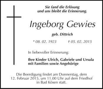 Traueranzeige von Ingeborg Gewies von Mitteldeutsche Zeitung Naumburg/Nebra